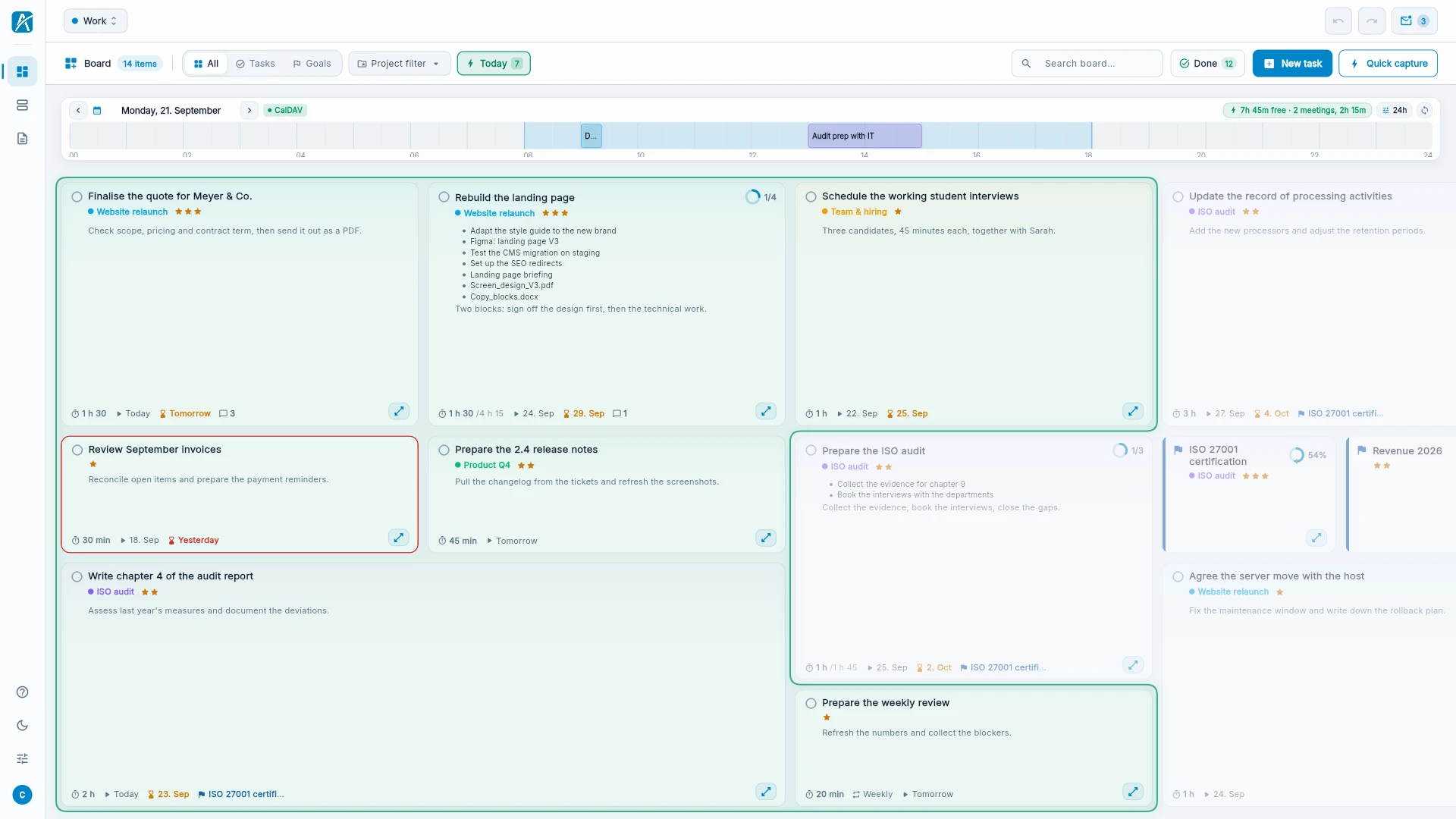 The board with daily capacity switched on: a green outline groups the tasks that fit today