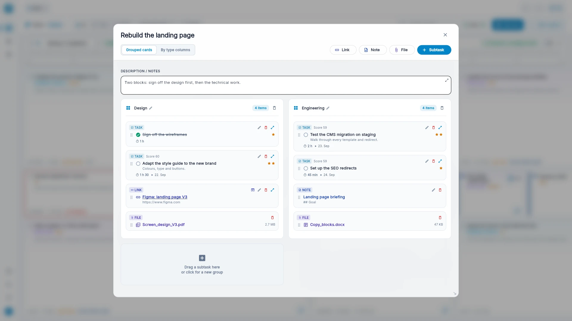 The zoom view of a task: subtasks in several groups side by side