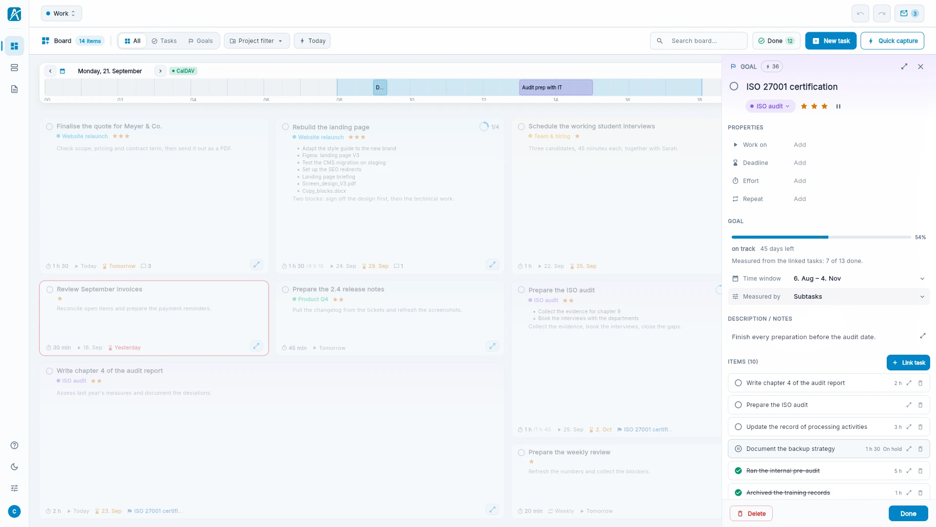 The sidebar of a goal with progress, time window and linked tasks