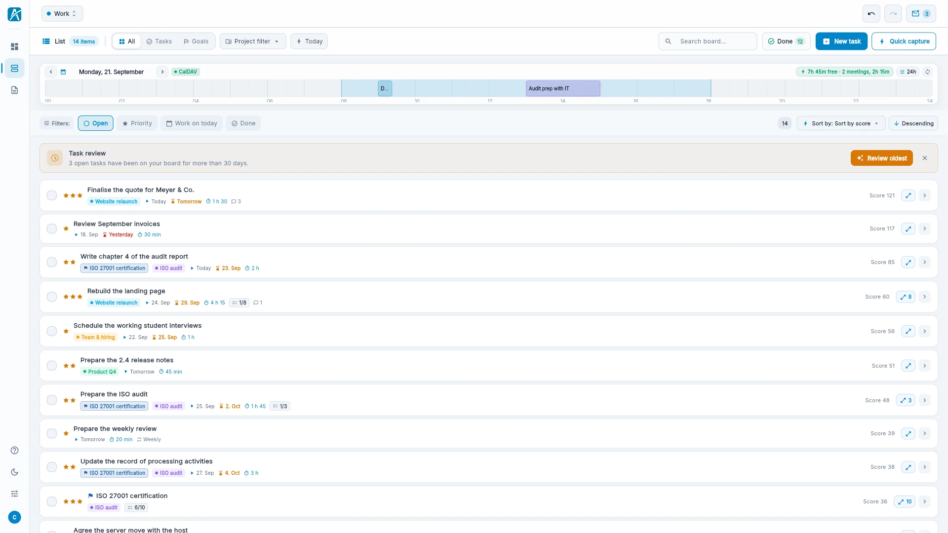 The list: tasks in rows, grouped by overdue, today, tomorrow and later