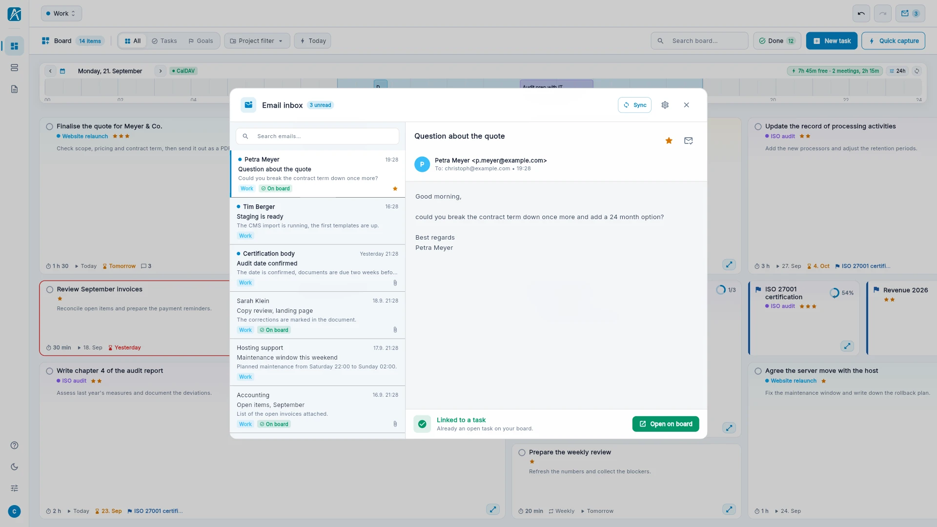 The inbox: emails on the left, the open email with the convert buttons on the right