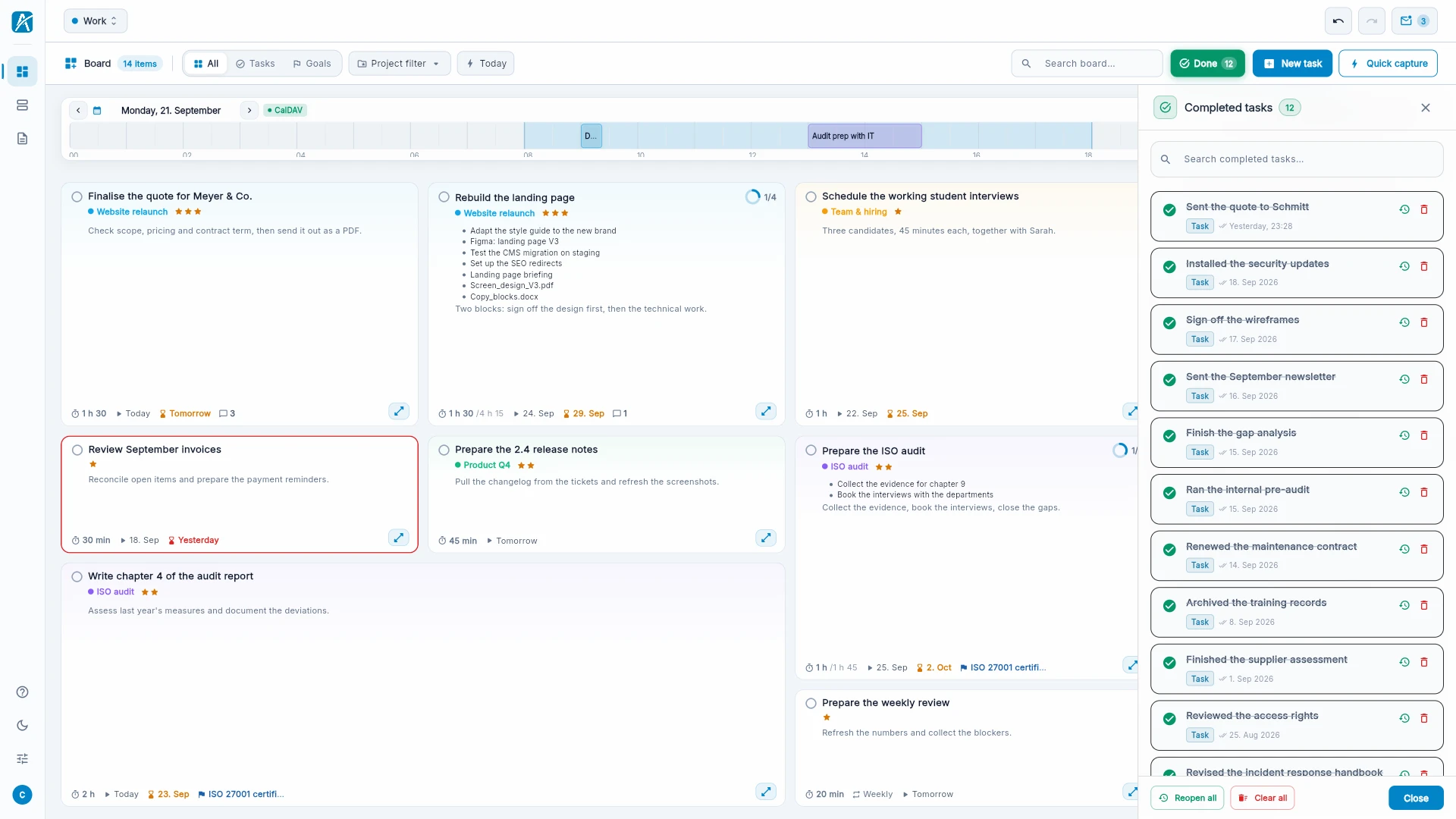 The sidebar with completed tasks, grouped by day